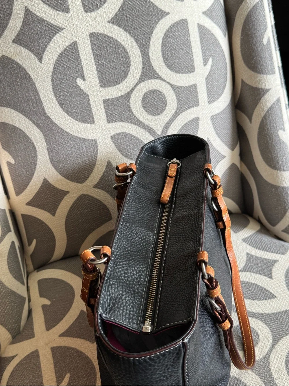 Coach Chelsea Black Pebbled Leather Shoulder Bag with Brown Handles